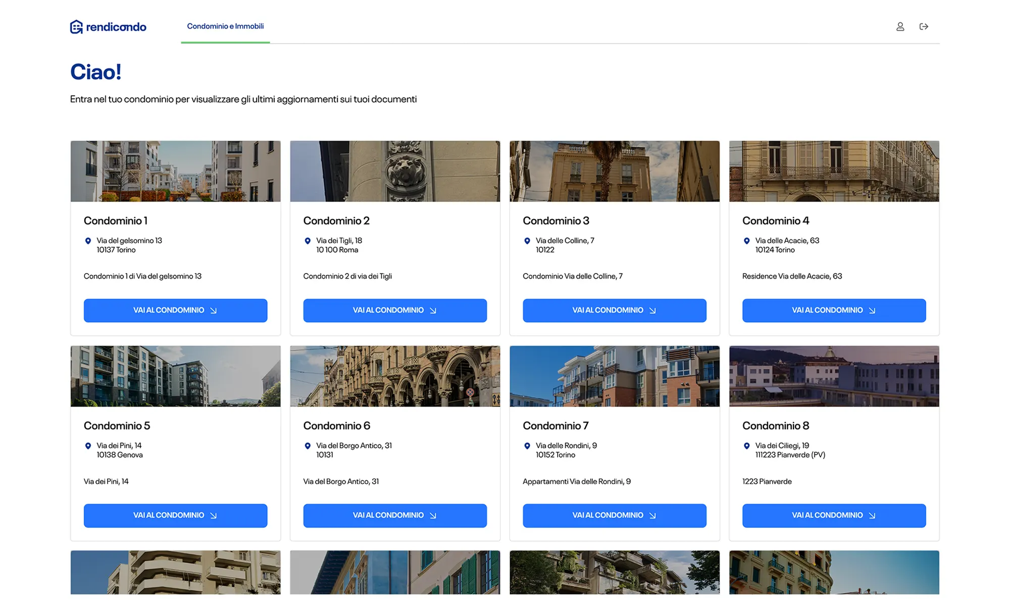 Schermata dashboard Rendicondo con panoramica degli immobili gestiti