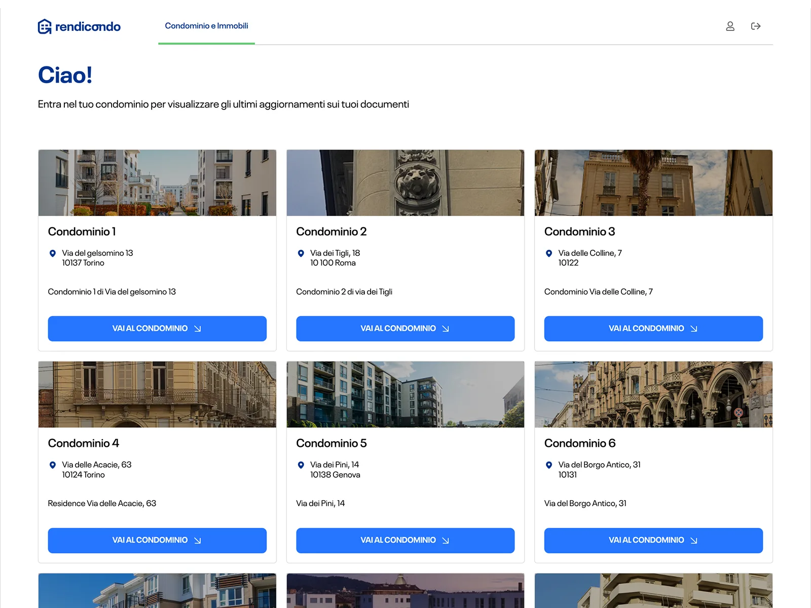 Panoramica dell'interfaccia Rendicondo con elenco dei condomini gestiti