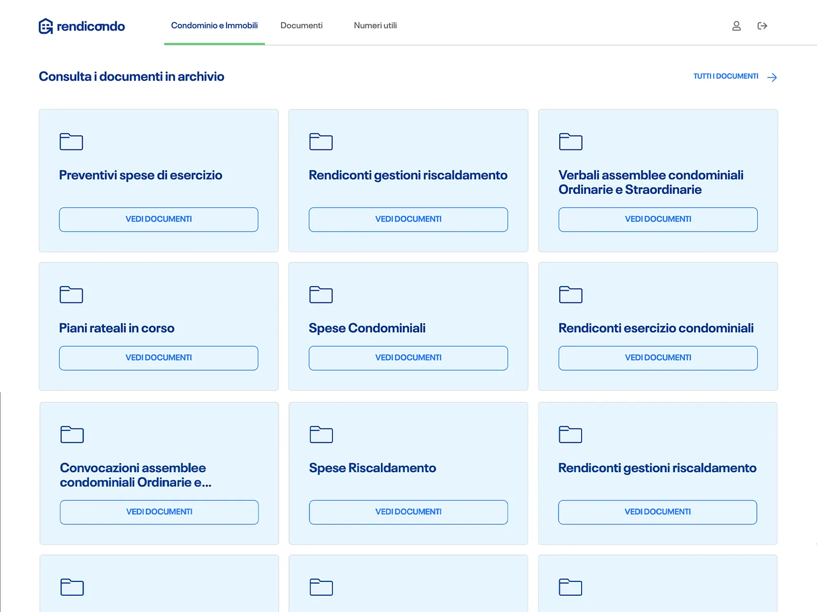 Schermata Rendicondo con archivio documenti e cartelle del condominio